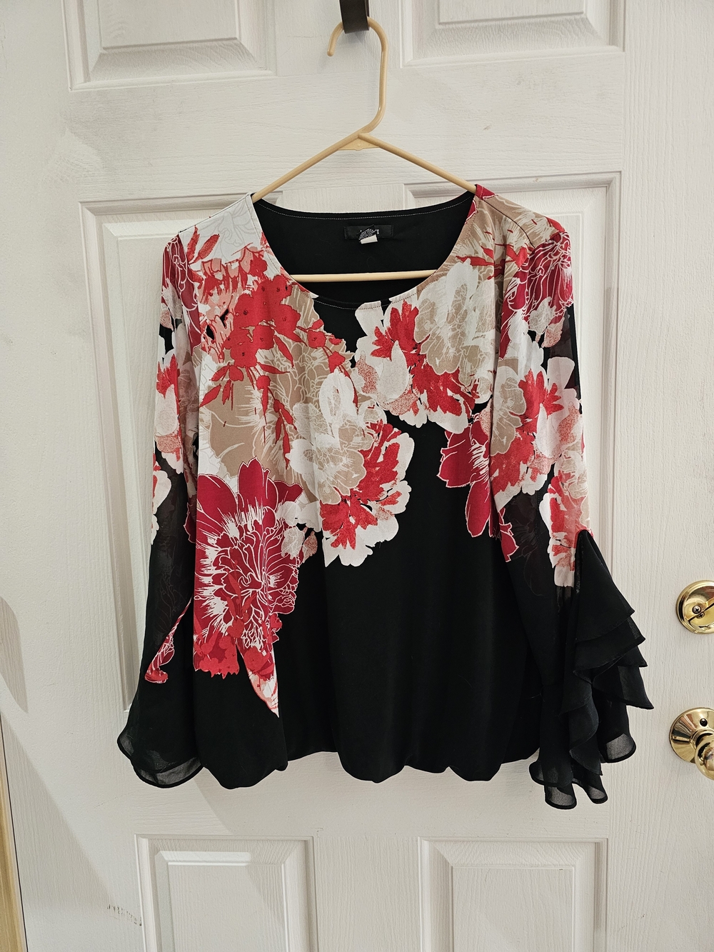Alfani Black Floral V-Neck Blouse with Red & Cream Blooms